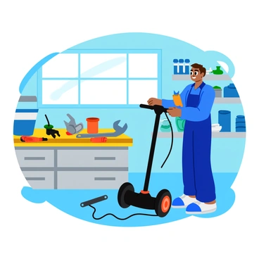 A mechanic wearing a blue jumpsuit is focused on repairing a Segway in a bright, well-lit garage. The Segway is positioned on a workbench with visible charging cables connected to it. Tools, such as wrenches and screwdrivers, are scattered around the workbench, adding to the busy atmosphere. The garage walls are lined with shelves filled with various mechanical parts and equipment. A large window lets in natural light, illuminating the scene. The mechanic has a determined expression as they work, adjusting a component on the Segway.