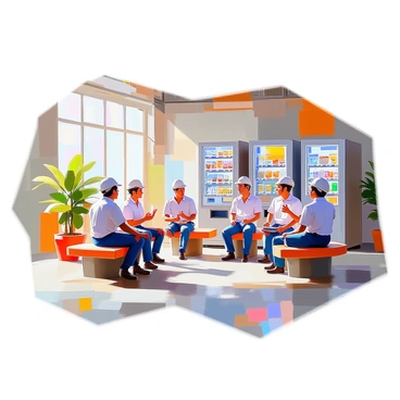 A group of factory workers is taking a break in a common area designed for relaxation. The workers, dressed in work uniforms, are sitting on several benches arranged around the space. In the background, there are vending machines stocked with various snacks and beverages. Some workers are chatting animatedly, while others are enjoying refreshments. The area has industrial elements, with exposed brick walls and large windows allowing natural light to pour in. A few potted plants add a touch of greenery to the environment.