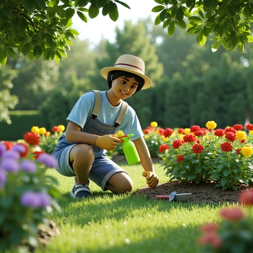 A gardener with light brown skin and short black hair is kneeling on the grass, applying a bright green formula from a spray bottle to the colorful flowers in a backyard garden. The flowers, which include red roses, yellow daisies, and purple petunias, bloom vibrantly against a backdrop of lush green foliage. The gardener is wearing a straw hat, a light blue shirt, and denim shorts, with gardening gloves on their hands. A small gardening trowel is placed nearby on the ground, while sunlight filters through the leaves above, creating dappled light on the scene.