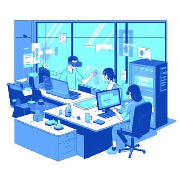 A blue high-tech innovation lab filled with bright, advanced gadgets and technology. In the center, a white workbench is cluttered with various small devices and tools, while a few employees are busy experimenting. One employee is wearing sleek virtual reality goggles while manipulating a holographic interface. Another employee is sitting at a white desk, intently working on a futuristic gadget, surrounded by colorful screens displaying data. Large windows allow natural light to flood the space, reflecting off the shiny surfaces of high-tech equipment.