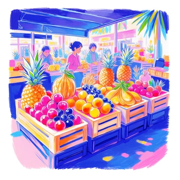 A bustling fruit stand at a market features a variety of colorful tropical fruits. Ripe pineapples with spiky tops are stacked on the side, while vibrant oranges and bright yellow bananas are arranged in a neat row. There are clusters of red and green apples, and glossy dark cherries nestled among the other fruits. The stand is made of wooden crates, and behind it, a vendor with a friendly expression is interacting with customers. Sunlight filters through the leaves overhead, casting dappled shadows on the scene.