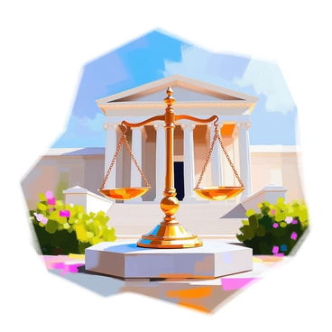 The image depicts "the scales of justice" prominently balanced on a "marble pedestal" in front of a large "courthouse with classical architecture". The scales are finely detailed, with "golden metal" reflecting light, symbolizing fairness and equality. The "courthouse" features tall pillars and large windows, creating a grand backdrop. Lush greenery, such as "bushy shrubs" and "flowering plants," is positioned in front, adding life to the scene. The sky above is a clear blue, providing a bright atmosphere for the setting.