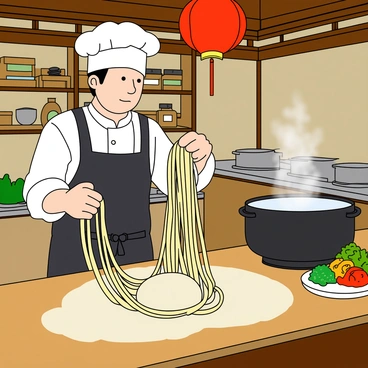 A chef with dark hair wearing a white chef's hat and a black apron is expertly pulling long strands of noodles in a traditional Chinese kitchen. The kitchen is filled with wooden shelves stocked with various ingredients. The chef stands at a wooden table covered with flour, where a ball of dough is being stretched into thin noodles. The chef has a focused expression on his face. Steam rises from a large pot of boiling water in the background. Colorful vegetables are neatly arranged on a nearby countertop. A red lantern hangs from the ceiling, casting a warm light over the scene.