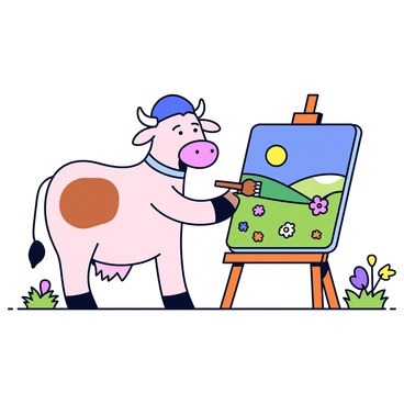 A cow standing upright, wearing a beret and a paintbrush held in its hoof. The cow is focused on painting a colorful landscape on a canvas positioned on an easel. Surrounding the cow is a vibrant green meadow dotted with wildflowers in various colors. The sky above is clear and blue, providing bright lighting for the scene. The canvas vividly depicts rolling hills and a sunset in the background.