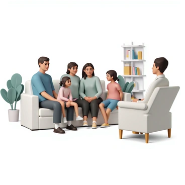 A family of four is sitting on a comfortable couch in a well-lit therapy room. The father is wearing a blue shirt and dark jeans, while the mother is in a light green blouse and black pants. The two children, a girl and a boy, are sitting beside them. The girl has braids and is wearing a pink sweater, while the boy is wearing a red t-shirt and blue shorts. In front of them is a supportive psychologist, who is dressed in a light gray suit and is seated in an armchair, actively listening. The room has soft colors, with plants in the corners and shelves filled with books. Everyone appears engaged in a conversation, with expressions reflecting openness and attentiveness.