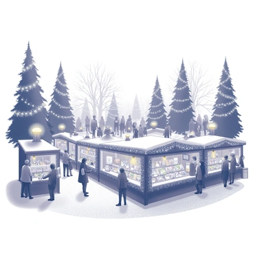 A busy Christmas market scene filled with numerous stalls. Each stall showcases a variety of ornaments, including handcrafted decorations and twinkling lights. A crowd of people gathers around, some holding steaming cups of hot cocoa. The market is adorned with festive wreaths and garlands, enhancing the holiday spirit. In the background, tall trees are illuminated with lights, creating a joyful ambiance. The ground is covered in a light dusting of snow, adding to the winter atmosphere.