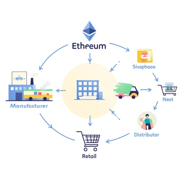 A detailed supply chain diagram is depicted illustrating the various stages of logistics and tracking enhanced by Ethereum technology. At the top of the diagram, there is an icon representing "Ethereum" with a blue logo. Below it, a series of interconnected arrows lead to multiple stages, each labeled clearly. The first stage shows "Supplier" with a factory icon, followed by "Manufacturer" featuring an assembly line symbol. Next is "Warehouse" with a storage building graphic, connected to “Distributor” indicated by a delivery truck icon. The final stage is “Retailer” with a shopping cart symbol. Alongside each stage, there are small icons representing blockchain connections, highlighting the flow of information. The background consists of a soft gradient to enhance visibility of the elements.