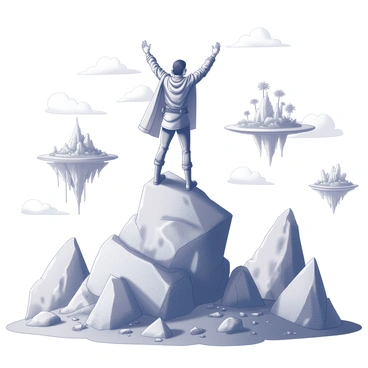A figure stands triumphantly at the peak of a rugged mountain. The explorer is clad in intricate adventurer's attire, complete with a weathered cloak and sturdy boots. Their stance reflects a sense of achievement, with arms raised in victory against a backdrop of jagged rock formations. In the distance, several floating islands hover mysteriously in the sky, each with lush vegetation and cascading waterfalls. The clouds drift lazily around, framing the scene and enhancing the sense of height and grandeur of the landscape. The ground is uneven with patches of grass and small rocks, adding texture to the rugged terrain.