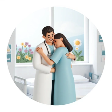 A doctor, wearing a white lab coat and a stethoscope around their neck, is sharing a warm hug with a patient in a hospital room. The patient, dressed in a light blue hospital gown, has a look of gratitude on their face. The room is brightened by natural light coming through a large window, which offers a view of blooming flowers in vibrant colors outside. The hospital room contains a neatly made bed with crisp white linens, and there are medical charts on a nearby stand. There is a sense of compassion and support in the moment they share.