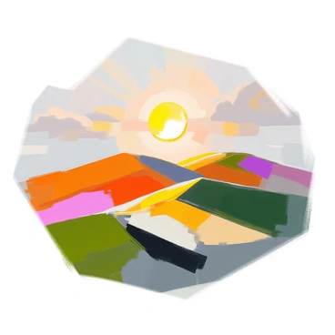 A landscape featuring rolling hills that rise and fall gently across the composition. The hills are represented with smooth, curved shapes in various shades of green. A bright sun positioned in the sky emits warm rays, casting light over the scene. The sky is filled with simple, soft shapes that suggest clouds, adding to the overall tranquility of the image. The harmonious arrangement of the hills and sun creates a sense of balance in the landscape.