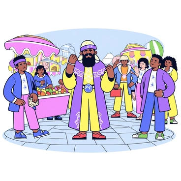 A prophet wearing a flowing robe decorated with intricate patterns stands in an ancient market. The prophet has a long beard and is holding a crystal ball in one hand. Surrounding the prophet are curious onlookers, displaying various expressions of intrigue and anticipation. Stalls filled with colorful fruits and handmade goods are visible in the background, adding to the bustling atmosphere of the market. The ground is paved with cobblestones, and the sky above is clear, creating a bright setting for the scene.