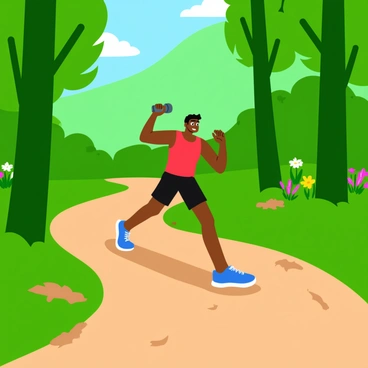 A lone runner wearing a bright red tank top and black shorts is stopping to perform renegade rows on a dirt forest trail. The runner is in a plank position with one arm reaching up to hold a small dumbbell. Surrounding the trail are tall, green trees with sunlight filtering through the leaves, casting dappled shadows on the ground. The trail is slightly winding, covered with fallen leaves and pine needles, adding texture to the scene. In the background, there are hints of colorful wildflowers peeking through the greenery.