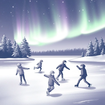 A frozen lake stretches across the scene, its surface smooth and glistening. Several characters are ice skating gracefully, each wearing warm winter clothing. Some are mid-motion, while others are preparing to take off, with joy evident on their faces. The sky above is filled with vibrant northern lights, casting a mystical glow upon the skaters and the surrounding landscape. Snow-covered trees frame the edges of the lake, their branches lightly dusted with snow. The atmosphere is lively and filled with motion, capturing the essence of a chilly winter night.