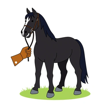 A pair of brown riding gloves gripping the reins tightly. The reins are attached to a majestic horse with a shiny black coat and a flowing mane. The horse stands tall and proud, with its ears perked up, showcasing its strong physique. The scene is set in an open field, where the grass appears lush and vibrant around the horse's hooves. The sky is bright and clear, adding a cheerful atmosphere to the image.