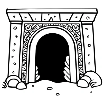 The entrance of an empty tomb is framed by intricately designed ancient mosaic patterns. The details of the mosaics depict geometric shapes and natural motifs, creating a rich texture on the stone surface. The tomb's entrance is slightly ajar, revealing a shadowy interior. Surrounding the entrance, there are scattered stones and a few patches of grass, hinting at the passage of time. The overall scene conveys a sense of history and mystery, inviting exploration.