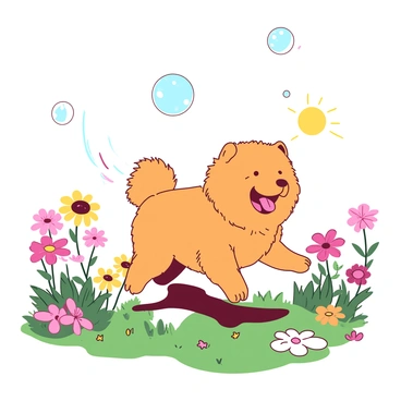 A fluffy orange chow chow is joyfully chasing floating bubbles in a meadow filled with colorful flowers. The chow chow's fur is slightly ruffled as it bounds through the grass, tongue out in excitement. The bubbles are iridescent, reflecting light as they drift through the air. Various flowers in shades of pink and yellow surround the scene, adding vibrant colors to the cheerful atmosphere. The sun is shining brightly, casting a warm glow over the meadow.