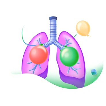 A detailed illustration of human lungs that appear to be inflated with vibrant, colorful balloons. The balloons are tied at the bronchi, creating a whimsical effect. Each balloon has a different color, including red, blue, yellow, and green, adding a playful touch to the image. The lungs are depicted realistically, showcasing the intricate details of the bronchial tubes and the tissue structure, while the balloons provide a striking contrast with their smooth, glossy surfaces. The overall composition emphasizes the uniqueness of the concept while remaining anatomically accurate.