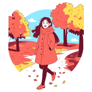 A girl wearing a warm knitted scarf and a matching coat is walking along a path in a park. The ground is covered with vibrant orange and red autumn leaves, creating a colorful carpet. Trees with golden foliage surround her, and a gentle breeze stirs the leaves, causing some to flutter down around her. The girl's hair is flowing slightly as she walks, and she has a joyful expression on her face. In the background, a clear blue sky can be seen, contrasting with the warm tones of the leaves and her clothing.