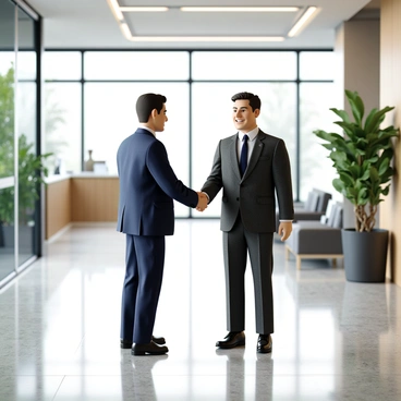 Two businesspeople, one wearing a navy blue suit and the other in a charcoal gray suit, are standing in a modern office lobby. They are engaged in a handshake, both smiling to signify a successful meeting. The lobby features a polished marble floor and glass walls that allow natural light to flood the space. Potted plants are strategically placed, adding a touch of greenery to the contemporary setting. A receptionist's desk is visible in the background, along with a few comfortable seating arrangements.
