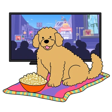 A fluffy goldendoodle with a wavy golden coat is sitting comfortably in front of a large flat-screen TV. The dog has expressive dark eyes and a playful demeanor. Next to the dog, there is a bowl filled with buttery popcorn resting on a soft, colorful blanket spread out on the floor. The blanket features playful patterns and textures. The TV screen displays a vibrant movie scene, adding a lively atmosphere to the setting.
