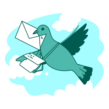 A teal cartoon pigeon is flying through the sky, holding a letter in its beak. The pigeon is wearing a small white mailbag slung across its body, tightly secured with a strap. The wings of the pigeon are outstretched, displaying a sense of movement and urgency. Below the pigeon, a few fluffy white clouds can be seen against the blue sky, adding to the sense of flight. The letter in the pigeon's beak is slightly folded, with a visible stamp in the corner.