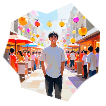 A young man named "Yoshio" is standing in the midst of a lively street festival, surrounded by "colorful decorations" hanging from above, such as vibrant banners and lanterns. People are engaged in "various performances," including traditional dancers in bright costumes and musicians playing lively tunes. Yoshio has a joyful expression on his face, taking in the sights and sounds of the festival. The street is bustling with activity, as festival-goers are enjoying food stalls serving "traditional snacks" and children are playing games nearby. The atmosphere is filled with excitement and energy, creating a captivating scene.