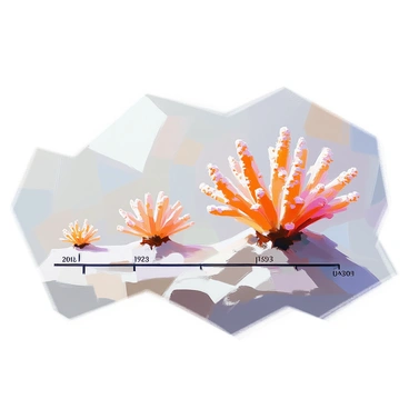 A timeline illustration depicting the growth stages of a branching coral over several years. The timeline is divided into distinct sections, each representing different years in the coral's life. The first section shows a small, single branch of the coral, with a beige color and subtle textures. The subsequent sections display the coral gradually increasing in size, adding multiple branches that extend outward. The coloration shifts from beige to light pink, with small polyps visible at the tips of the branches. Each year is marked clearly, and the background features a soft gradient that complements the coral without distracting from the main subject.