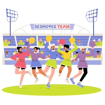 A group of five cheerleaders in colorful uniforms performing a synchronized cheer routine on a grassy stadium field. Each cheerleader has a different uniform color: red, blue, green, yellow, and purple. They are mid-jump, with pom-poms raised high above their heads, showcasing dynamic poses. The stadium is filled with cheering fans in the background, and bright floodlights illuminate the scene. A large banner displaying the team's name hangs above them.