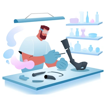 A technician is carefully assembling a modern prosthetic leg on a workbench. Various components of the prosthetic leg, including a carbon fiber shell and a mechanical knee joint, are laid out beside the technician. The technician is wearing safety goggles and gloves, using specialized tools to secure the parts together. Bright overhead lights illuminate the workspace, highlighting the intricate details of the prosthetic leg. Shelves in the background are filled with additional prosthetic components and tools.