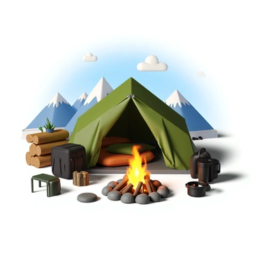 A campsite featuring a large green tent with an entrance flapped open, revealing sleeping bags inside. Next to the tent, there is a stack of wooden logs, and assorted camping equipment including a black backpack, a cooking pot, and a folding chair. In front of the tent, a campfire burns brightly, surrounded by smooth stones, with flames flickering and sparks flying. In the background, a picturesque mountain range rises majestically, with a clear blue sky above and a few fluffy white clouds scattered.