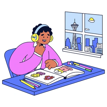 An illustrator is sitting at a desk, focused on a large open sketchbook. On the desk are colored pencils and markers scattered around. In the sketchbook, there are playful depictions of Seattle landmarks, including the "Space Needle" and the "Pike Place Market". The illustrations feature bright colors and cartoon-like features, capturing the essence of each landmark in a whimsical style. The illustrator is wearing headphones and has a joyful expression as they create. A window in the background shows a sunny day outside, with a view of the Seattle skyline.