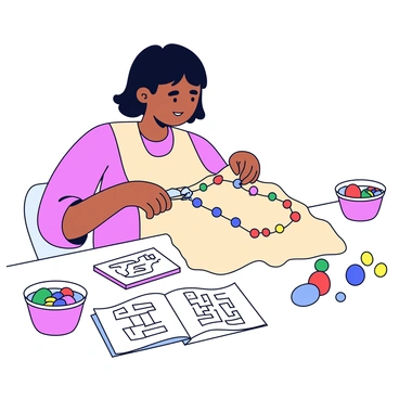 A designer with short, dark hair is sitting at a table, focused on arranging colorful beads on a piece of fabric. The beads are in various shapes and sizes, including round, square, and oval. The fabric is a light beige color, providing a neutral background for the vibrant beads. The designer uses a pair of tweezers to carefully place each bead, ensuring they form a symmetrical pattern. Scattered around the table are additional containers filled with beads in different colors, including red, blue, green, and yellow. A small notebook is open nearby, showing sketches of the intended designs.