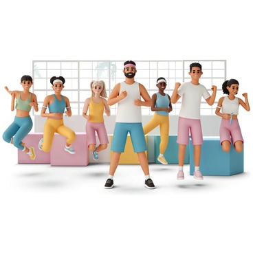 A group of millennials participating in a high-energy fitness class in a modern gym