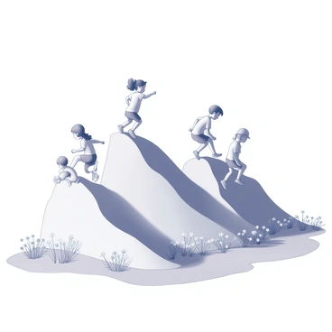 A group of children is climbing and exploring tall sand dunes. The children are wearing light, casual summer clothing and are engaged in playful activities. Some are running up the slopes, while others are sitting and digging in the sand. Wildflowers are blooming in clusters around the base of the dunes, adding intricate details to the landscape. The scene captures the spontaneity of their exploration and the natural beauty of the surroundings.