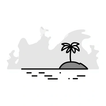 A small island emerging from a blanket of morning mist. The silhouette of a tall palm tree can be seen in the foreground, its fronds swaying gently. In the background, vague shapes of various creatures, like a large bird with outstretched wings and a small animal with a curved back, can be discerned through the haze. The water surrounding the island is calm, reflecting the soft gray tones of the mist. The atmosphere conveys a sense of tranquility and mystery.