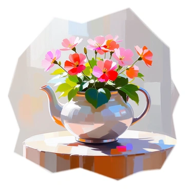 A vintage teapot used as a planter for blooming geranium flowers