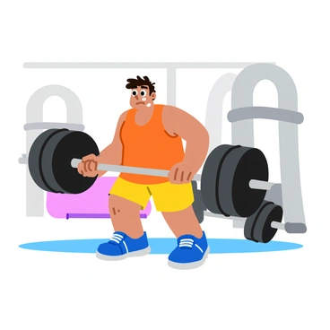 A humorous cartoon character with an exaggerated expression of determination is attempting to lift a very heavy barbell. The character is short and stocky, with big round eyes and a comical frown. Sweat beads are visible on their forehead, and they are straining to lift the barbell, which is loaded with oversized weights that are clearly too heavy for them. They are wearing a bright-colored tank top and gym shorts, and their hair is tousled in a funny way. The background features a gym setting with gym equipment and dumbbells in a playful, cartoonish style.