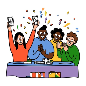 A group of friends standing around a table, celebrating a mahjong game winner. The winner, a light-skinned woman with big eyes and long black hair, is smiling broadly as she holds her winning hand of tiles in the air. Her friends, including a dark-skinned man with big eyes and short hair, and a light-skinned man with big eyes and curly hair, are clapping their hands and smiling. They are all wearing casual clothing; the woman is in a red top, the dark-skinned man in a blue shirt, and the light-skinned man in a green polo. The table is covered with colorful mahjong tiles, and decorations for the celebration are seen in the background, contributing to the joyful atmosphere.