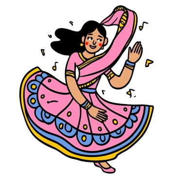 A vibrant Bollywood dancer with light skin and long flowing black hair is captured mid-spin. She is wearing a colorful lehenga adorned with intricate patterns in shades of pink, blue, and gold. The lehenga flares out beautifully as she spins, showcasing its volume. Her dupatta, also richly colored, trails behind her, swirling gracefully in the air. She has a joyful expression on her face, with bright eyes, and is accessorized with elaborate bangles and earrings. The background features a hint of a festive atmosphere, complementing her dynamic movement.