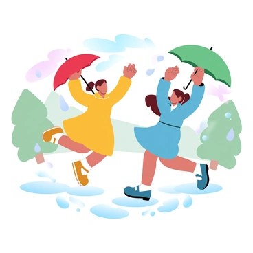 Kaede and Suzu are dancing joyfully in the rain, their movements light and carefree. Kaede is wearing a bright yellow raincoat and has a vibrant red umbrella, while Suzu is dressed in a blue raincoat, holding a green umbrella above her. Raindrops are falling around them, creating ripples in puddles on the ground. The background features lush green trees and a soft gradient of pastel colors in the sky, enhancing the cheerful atmosphere.