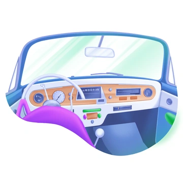 A white vintage car interior with a dashboard prominently featuring a "retro radio" and various "controls." The radio has a classic design with round buttons and a dial, surrounded by sleek chrome accents. The dashboard includes a polished wooden panel and gauges with elegant numbering. Sunlight filters through the car windows, casting soft shadows over the dashboard details.