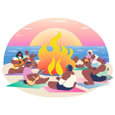 A large bonfire is situated on the sandy beach, with flames dancing high into the evening air. Around the bonfire, a diverse group of people is gathered, smiling and sitting on colorful beach towels. They are wearing casual summer clothing, such as shorts and t-shirts. Some individuals are playing acoustic guitars, while others are clapping along to the music, creating a lively atmosphere. The sunset sky is filled with vibrant hues of orange, pink, and purple, reflecting off the gentle waves of the ocean in the background. The glow of the bonfire casts warm light on the faces of the gathered crowd, enhancing the cozy and inviting scene.