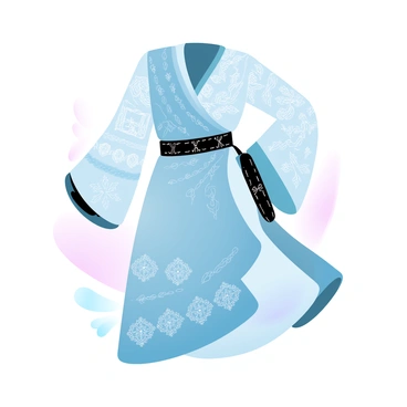 A seamless outfit that combines elements from various cultures is displayed. The garment features intricate patterns inspired by traditional textiles from multiple regions, showcasing vibrant colors and detailed embroidery. The design blends a flowing silhouette with structured elements, such as an asymmetric hemline and tailored sleeves. Accessories include a wide belt with decorative motifs and layered textiles that add depth. The background consists of subtle gradient pastel colors, enhancing the overall aesthetic of the outfit.