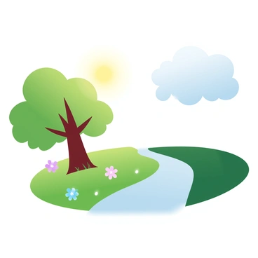A park scene is divided into two distinct halves. On the left side, vibrant green grass is illuminated by bright sunlight, enhancing the colors of blooming flowers in various shades. A large tree with a thick trunk stands in this sunny area, its leaves displaying a rich green hue. On the right side, the grass transitions into a darker shade as it falls under a shadowy, cloudy sky. The clouds appear heavy and gray, creating a stark contrast to the brightness of the left side. The atmosphere is tranquil, with a path winding through the park, leading from the sunny area into the more subdued, shadowy section.