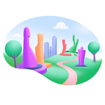 A modern pastel illustration of a sculpture park filled with abstract figures. The figures are constructed from shifting digital pixels that appear to change colors and shapes. The park is surrounded by green grass, and there are trees with soft, round canopies. The sky above is a clear blue, adding to the vibrant atmosphere. Various paths wind through the park, leading visitors to different abstract sculptures. Some figures are tall and elongated, while others are short and wide, creating an intriguing visual contrast.