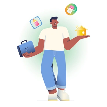 A person with medium skin and short black hair is standing in the center, juggling various icons representing work and family. In their right hand, they are holding a blue briefcase icon, and in their left hand, there is a bright yellow house icon. Above their head, colorful icons of a laptop and a baby bottle float in the air, symbolizing work and family responsibilities. The person is wearing a casual white shirt and jeans, with a focused expression on their face. The background features a soft gradient that transitions from light blue to soft green, enhancing the theme of balance between work and life.