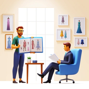 An illustrator with glasses is standing in a well-lit room, confidently presenting a portfolio of fashion sketches to a client. The portfolio contains various detailed sketches of elegant dresses, stylish outfits, and accessories. The client, a well-dressed individual, is seated on a modern chair, attentively looking at the sketches. The walls are adorned with framed fashion illustrations and mood boards. A large window allows natural light to fill the space, highlighting the vibrant colors of the sketches. A coffee table with a notepad and pen is nearby, ready for notes.