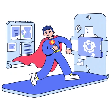 A superhero in training wearing a vibrant blue bodysuit with a red cape. The superhero is performing a shoulder roll on a smooth, shiny floor designed for training. Surrounding them are high-tech training equipment, including digital screens displaying stats and holographic targets. The training facility has futuristic lighting and sleek metallic walls. The superhero's focused expression shows determination as they practice.