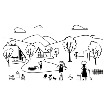 A quaint rural village scene featuring several small thatched-roof houses arranged along a winding dirt road. In the foreground, a group of villagers is gathered, with one woman carrying a basket on her head and another man tending to a small garden. Trees with broad leaves are positioned throughout the village, providing shade to children playing nearby. A few farm animals, such as a goat and chickens, are scattered around. In the distance, rolling hills are visible, adding depth to the village landscape. An old well stands to one side, surrounded by a wooden fence. A vibrant sky above adds to the lively atmosphere of the village scene.