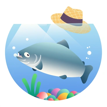 A curious piranha with sharp teeth and a shiny, silver body is swimming just below the surface of clear, blue water. It is hovering near a floating fisherman’s hat, which is made of straw with a wide brim and a dark brown band. Tiny bubbles are escaping from the piranha as it inspects the hat. Reflections from the sunlight above create glimmers on the water's surface, enhancing the vivid colors of the underwater scene. Surrounding the piranha, colorful pebbles and aquatic plants are visible beneath the calm water.
